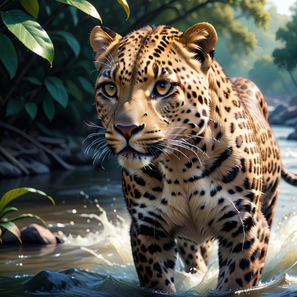 Ilustración de un leopardo en el río