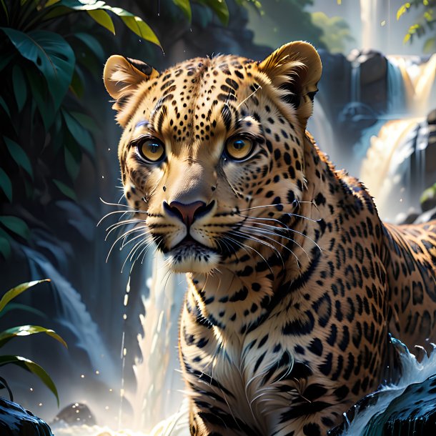 Illustration of a leopard in the waterfall