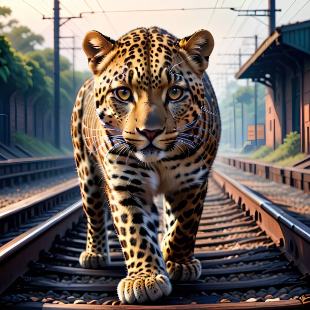 Illustration of a leopard on the railway tracks