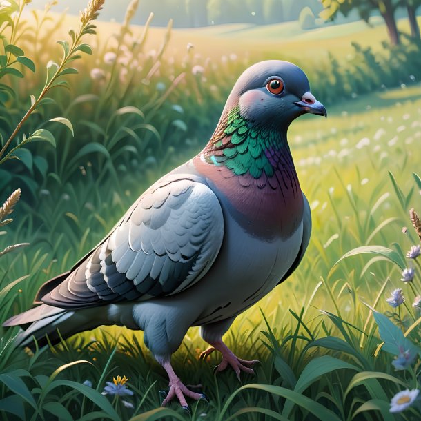 Illustration of a pigeon in the meadow