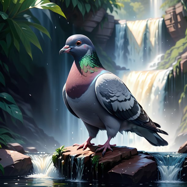 Illustration of a pigeon in the waterfall