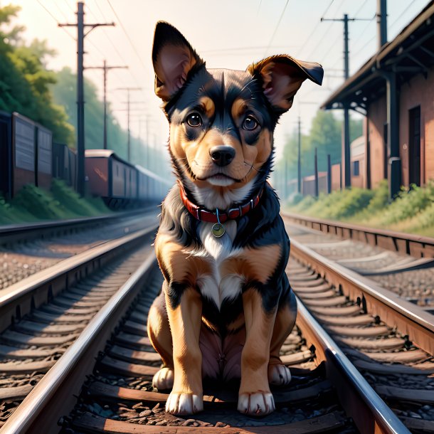 Ilustração de um cão nos trilhos ferroviários