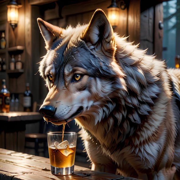 Picture of a drinking wolf