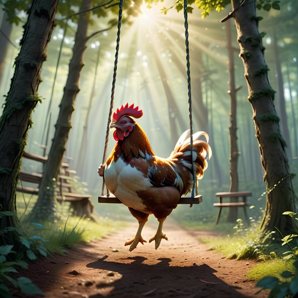 Uma foto de um balanço em um balanço de uma galinha na floresta