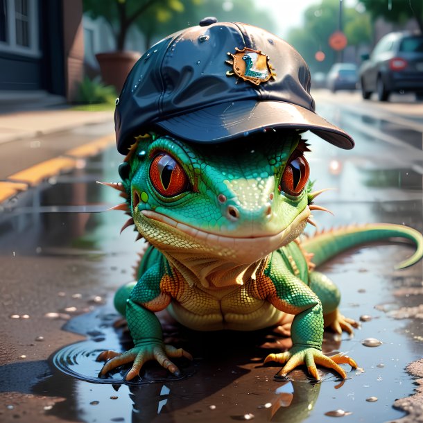 Drawing of a lizard in a cap in the puddle