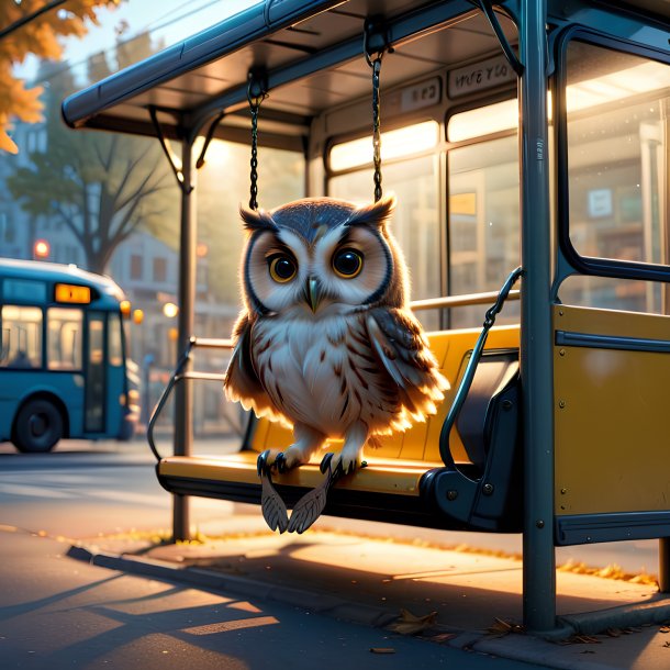 Uma foto de um balanço em um balanço de uma coruja no ponto de ônibus