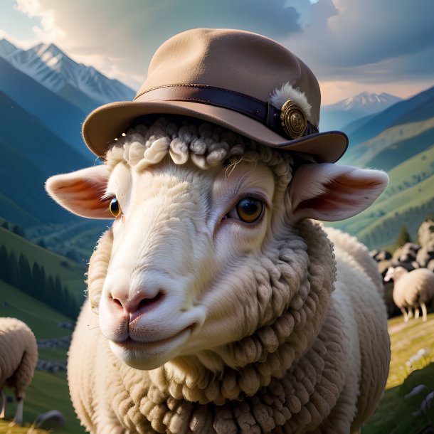 Picture of a sheep in a hat in the mountains