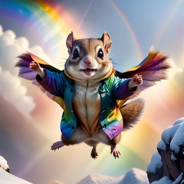 Image d'un écureuil volant dans un manteau sur l'arc-en-ciel