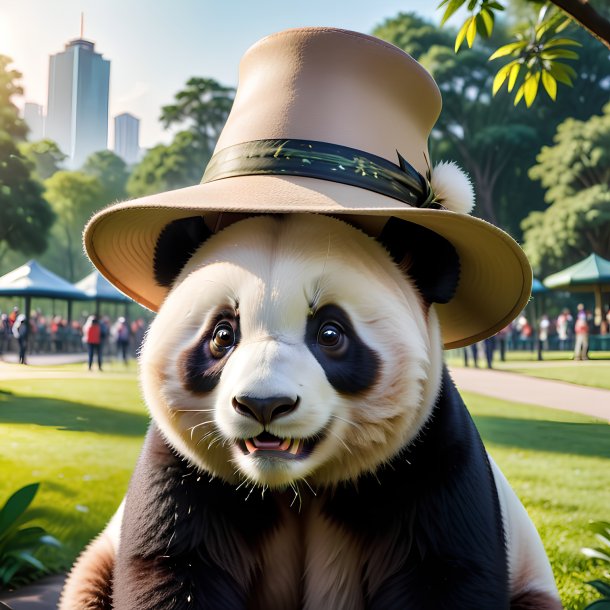 Photo of a giant panda in a hat in the park