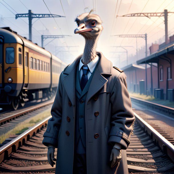 Illustration of a ostrich in a coat on the railway tracks