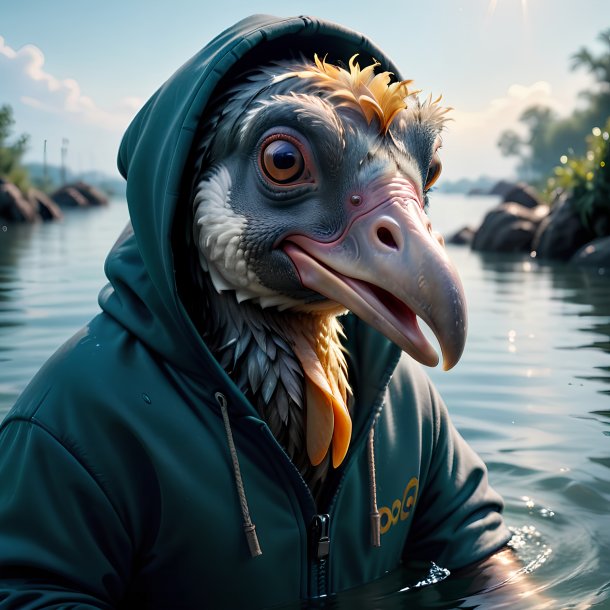 Foto de un dodo en una sudadera con capucha en el agua