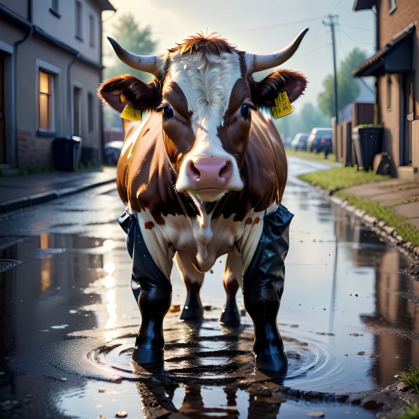 Photo of a cow in a trousers in the puddle