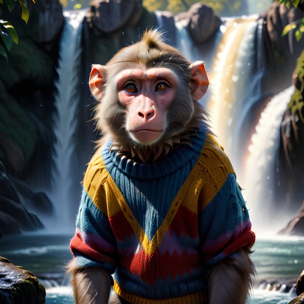 Photo of a baboon in a sweater in the waterfall