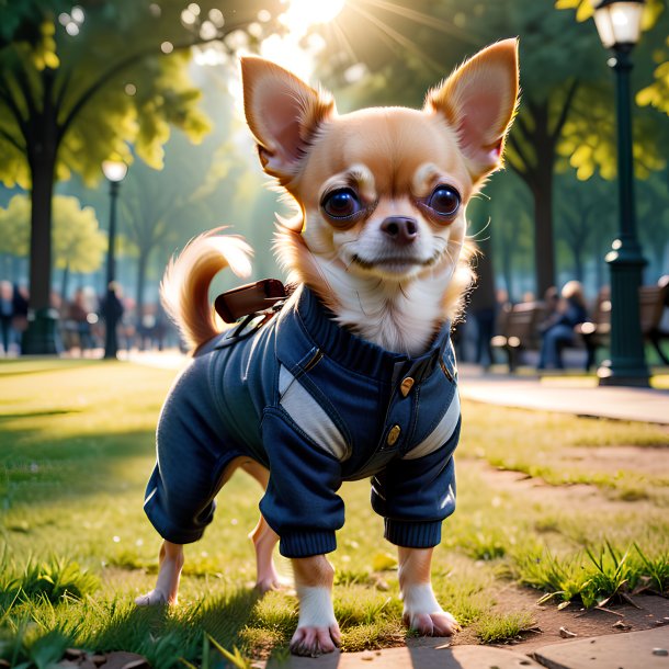 Foto de um chihuahua em uma calça no parque