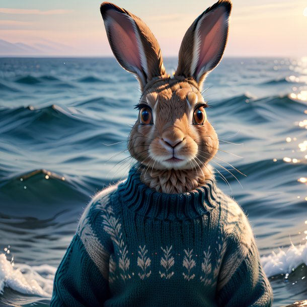 Imagen de una liebre en un suéter en el mar