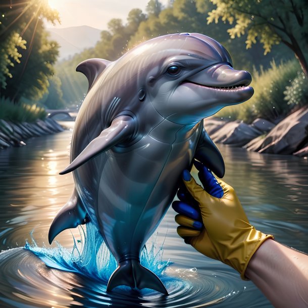 Dibujo de un delfín en guantes en el río