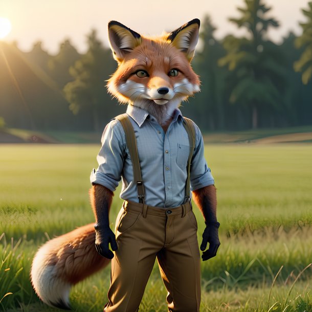 Imagem de uma raposa em uma calça no campo