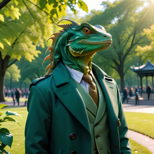 Picture of a basilisk in a coat in the park