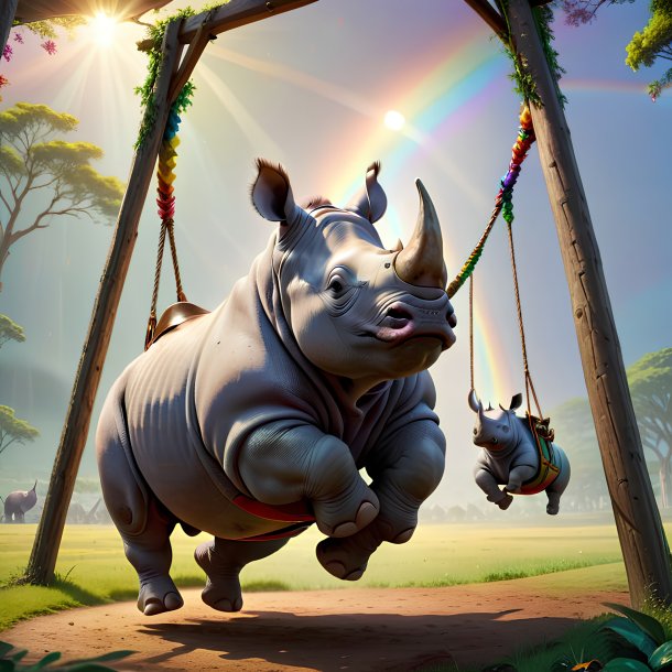 Pic of a swinging on a swing of a rhinoceros on the rainbow