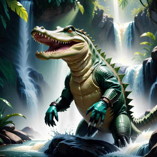 Picture of a crocodile in a gloves in the waterfall