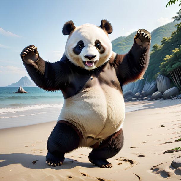 Imagem de uma dança de um panda gigante na praia