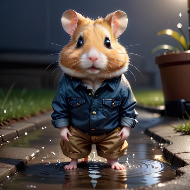 Drawing of a hamster in a trousers in the puddle
