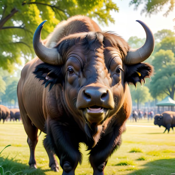 Photo of a smiling of a buffalo in the park