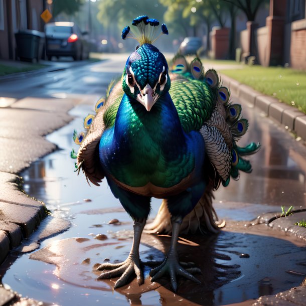 Foto de un pavo real en guantes en el charco
