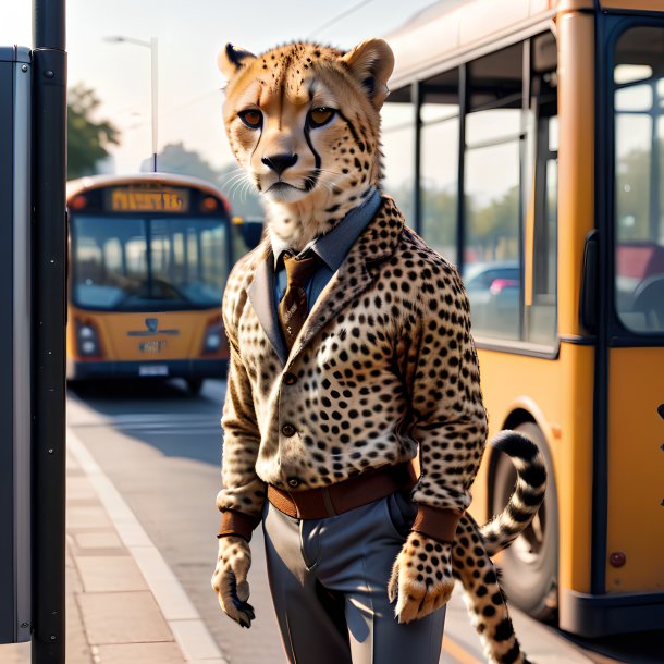 Photo of a cheetah in a trousers on the bus stop