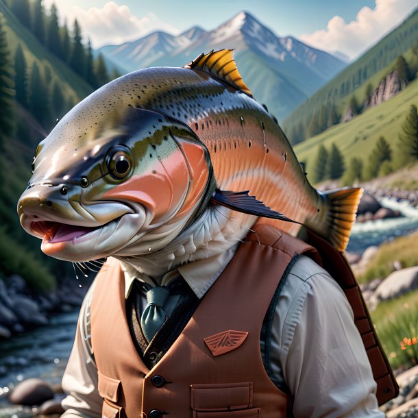 Photo of a salmon in a vest in the mountains