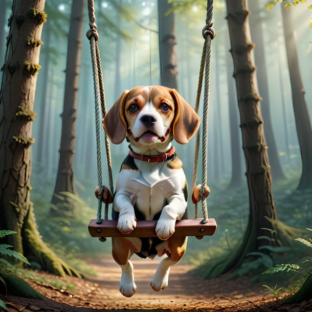 Image of a swinging on a swing of a beagle in the forest