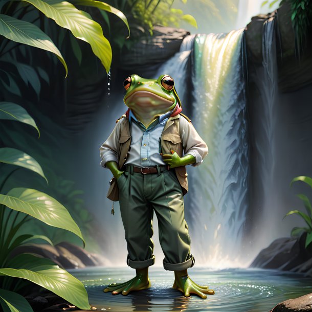 Drawing of a frog in a trousers in the waterfall