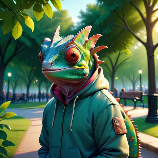 Ilustração de um camaleão em um hoodie no parque