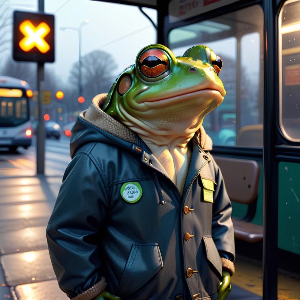 Foto de um sapo em uma jaqueta no ponto de ônibus