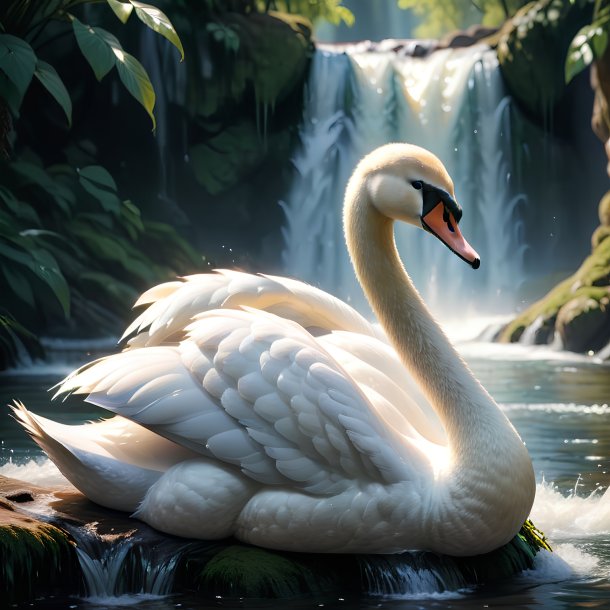 Photo of a resting of a swan in the waterfall
