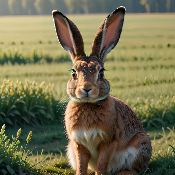 Photo of a waiting of a hare on the field