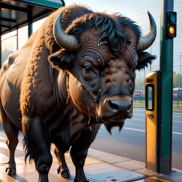 Photo of a crying of a buffalo on the bus stop