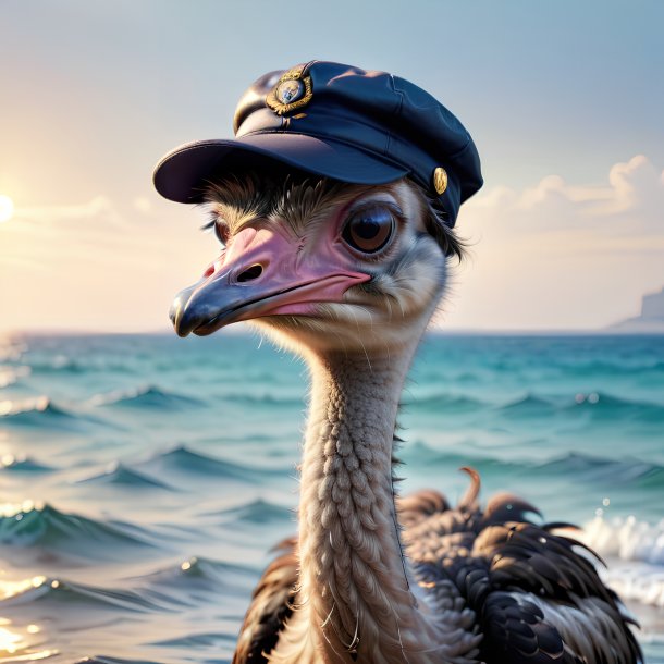 Foto de un avestruz en una gorra en el mar