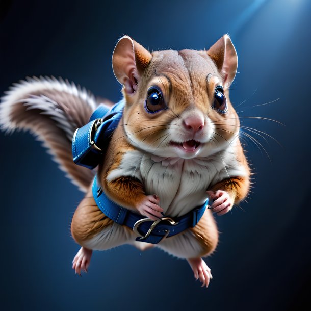 Picture of a flying squirrel in a blue belt