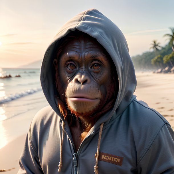 Photo of a orangutan in a hoodie on the beach