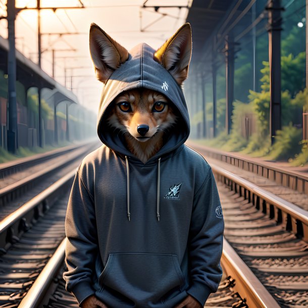 Pic of a jackal in a hoodie on the railway tracks