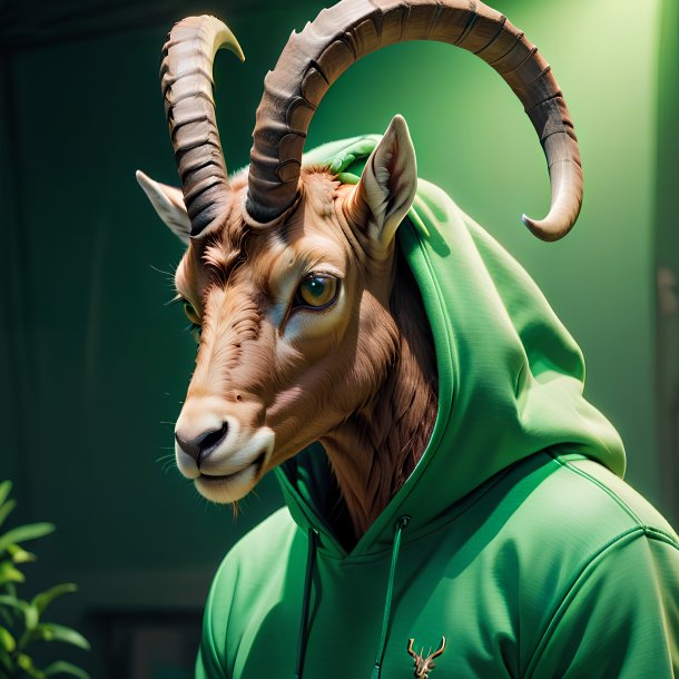Picture of a ibex in a green hoodie
