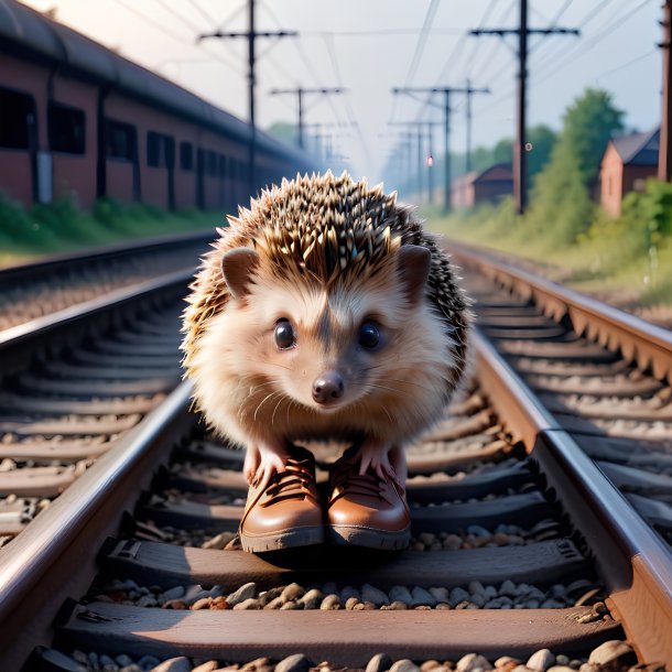 Photo of a hedgehog in a shoes on the railway tracks