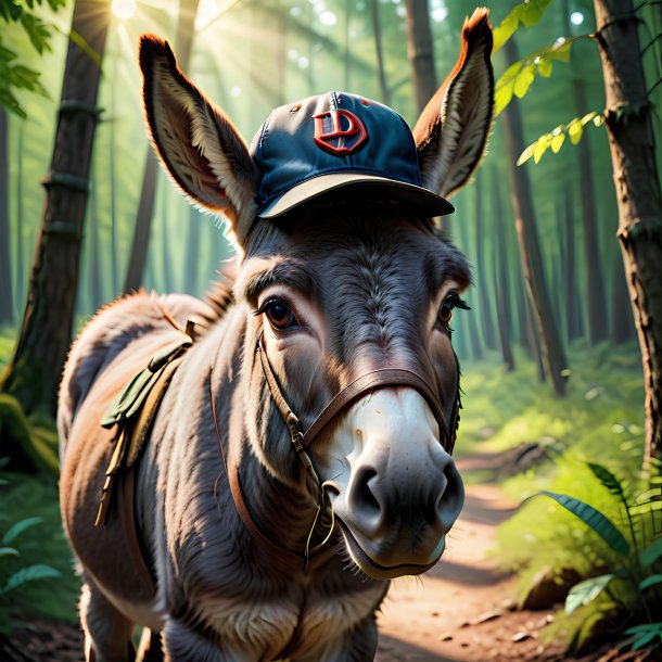 Image of a donkey in a cap in the forest
