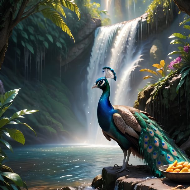Picture of a eating of a peacock in the waterfall