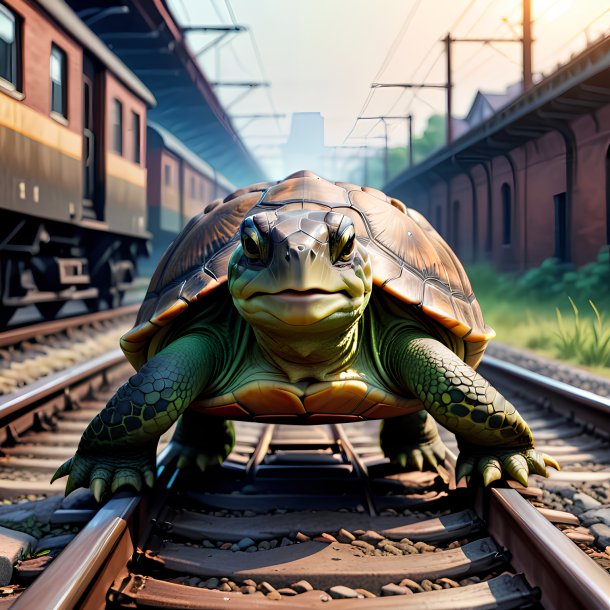 Illustration of a turtle in a belt on the railway tracks