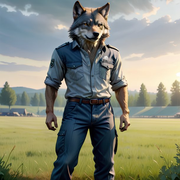 Drawing of a wolf in a trousers on the field