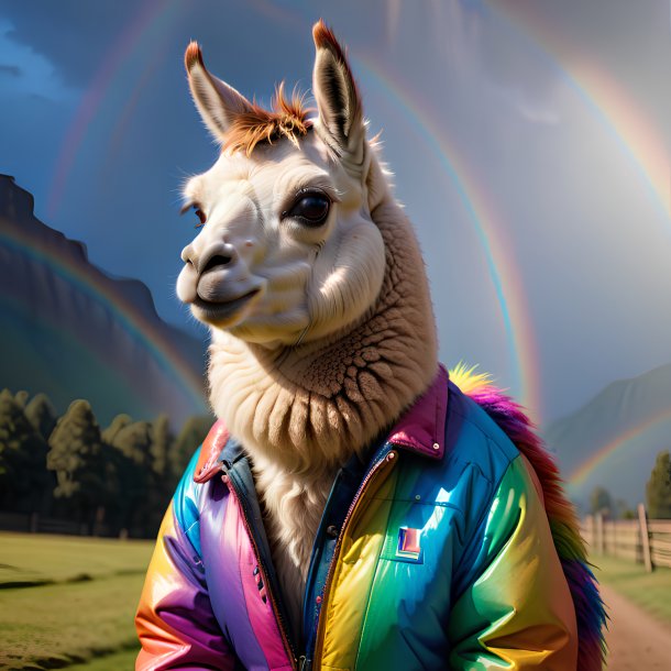 Photo of a llama in a jacket on the rainbow
