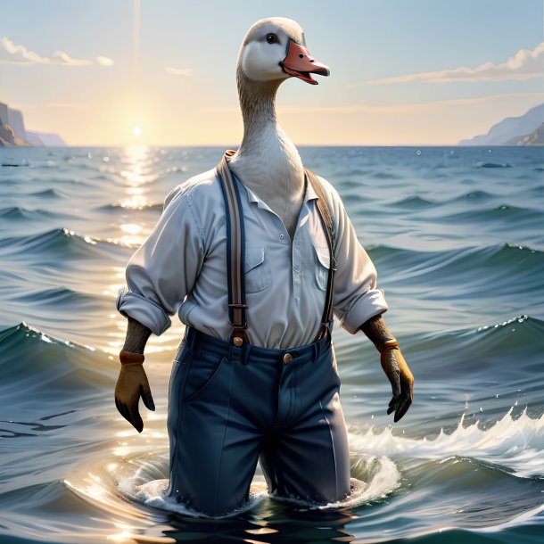 Drawing of a goose in a trousers in the sea