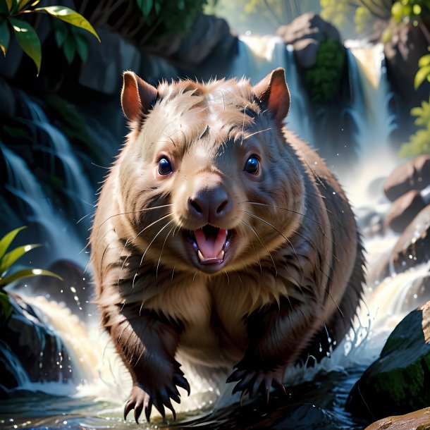 Picture of a threatening of a wombat in the waterfall